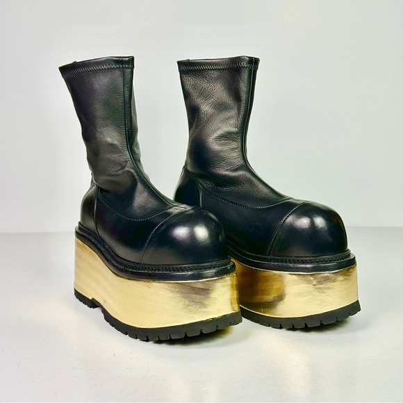 Balmain Black Leather & Gold Mettalic Platform Ankle Boots Women’s NEW - Picture 2 of 12